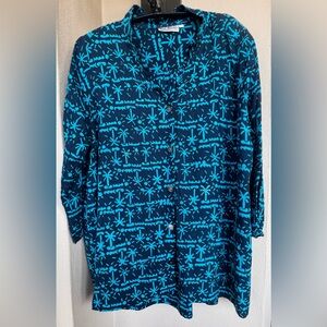 Bali Batiks Hand Painted Resort Wear Womens Tunic 3/4 Sleeve Blues 100% Rayon 1X
